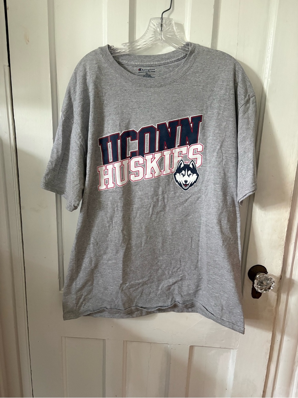 Champion Gray UConn Huskies Short Sleeve Tee with Navy & White Logo